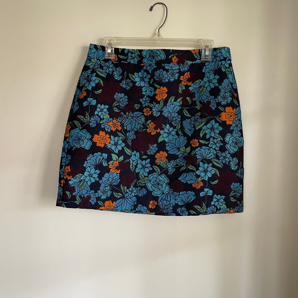 LOFT Floral Mini Skirt in Navy with Teal & Orange Flowers